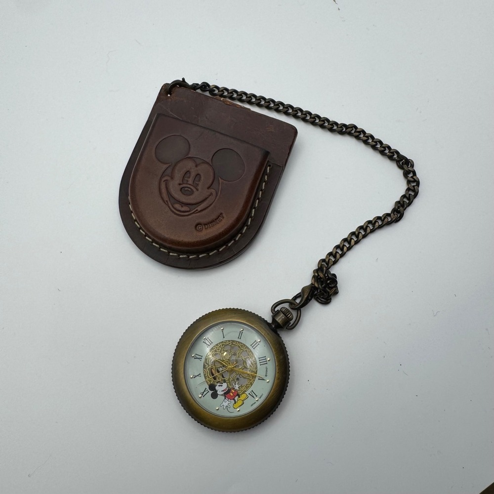 VTG Disney Mickey Mouse Skeleton Pocket Watch + Leather Belt Pouch Antique Brass
